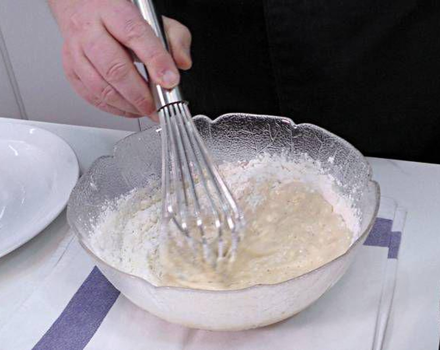 step 2 In another bowl, mix the All-Purpose Flour (1 cup), Baking Powder (1 tsp), and Salt (to taste). Mix the dry ingredients with the wet ingredients until combined. Cover the bowl with the batter with plastic film and place it in the fridge for 1 hour.