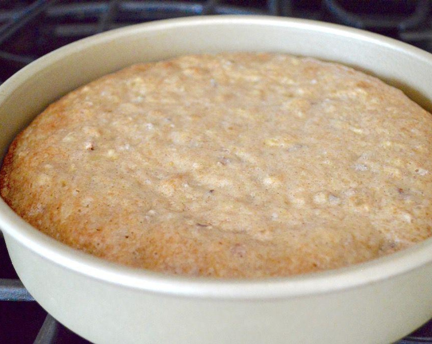 step 5 Stir the whole thing together really well until you have a thick, uniform batter. Divide the batter evenly among the two cake pans and bake them for 30-35 minutes. They should be golden and a toothpick inserted in the center should come out pretty cleanly.