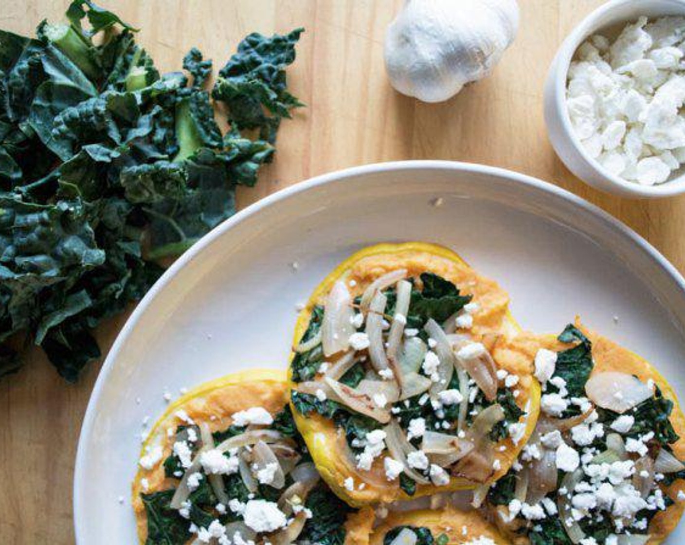 Baked Patty Pan with Sweet Potato and Kale