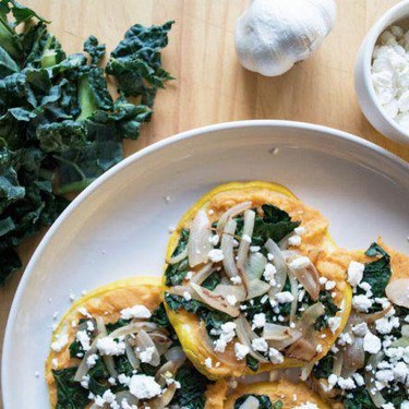 Baked Patty Pan with Sweet Potato and Kale Recipe | SideChef