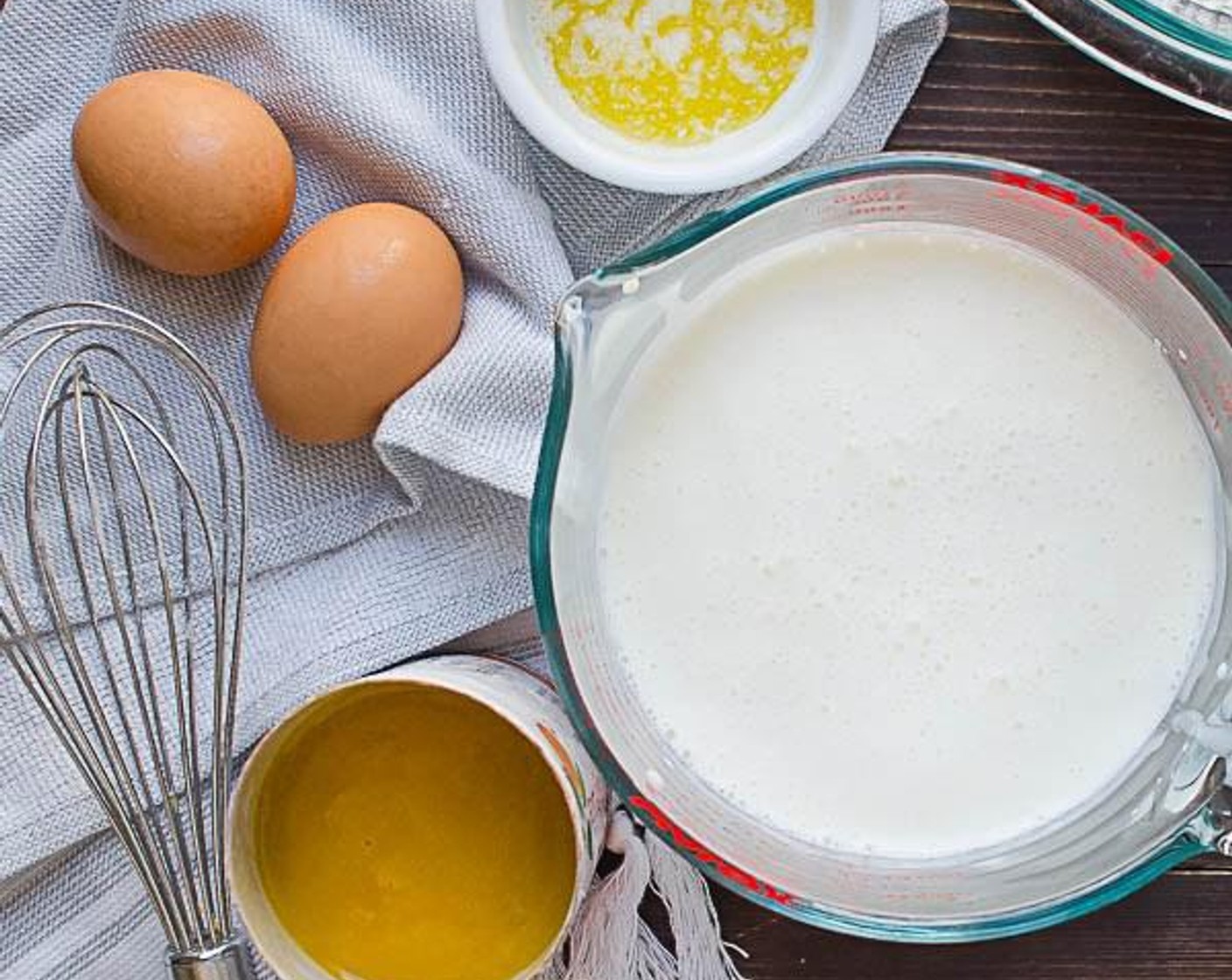 step 4 In a medium bowl or 4 cup glass measuring cup, combine the Buttermilk (2 1/2 cups), Eggs (2), Butter (3 Tbsp), and Frozen Orange Juice Concentrate (1/4 cup).