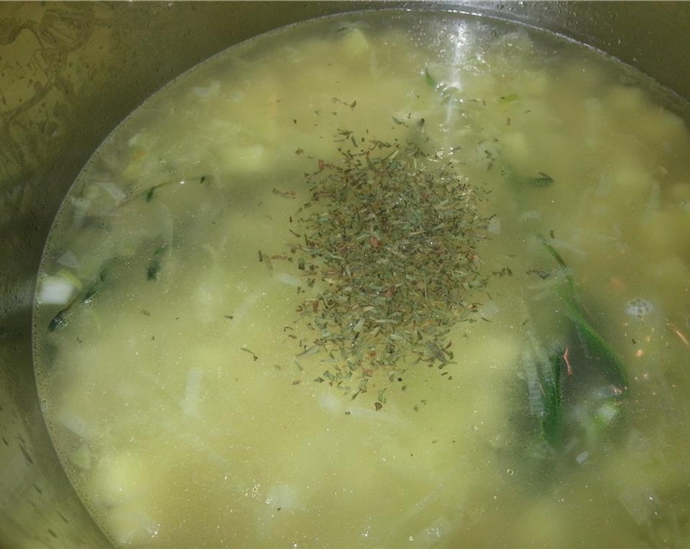 step 8 Add Chicken Stock (8 cups), Potato and Dried Tarragon (1/2 Tbsp). Bring to a boil, then simmer over moderately low heat until the vegetables are very tender, about 30 minutes.