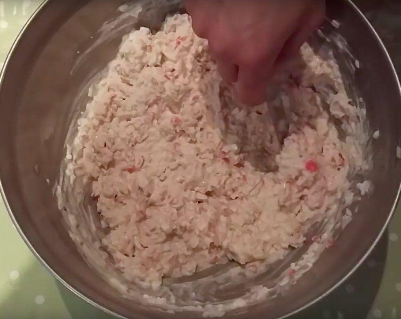 step 4 Mix chopped imitation crab, chopped egg, Mayonnaise (1 3/4 cups), Sweet Onion (1/2), and Canned Tuna (1 can) in a bowl.