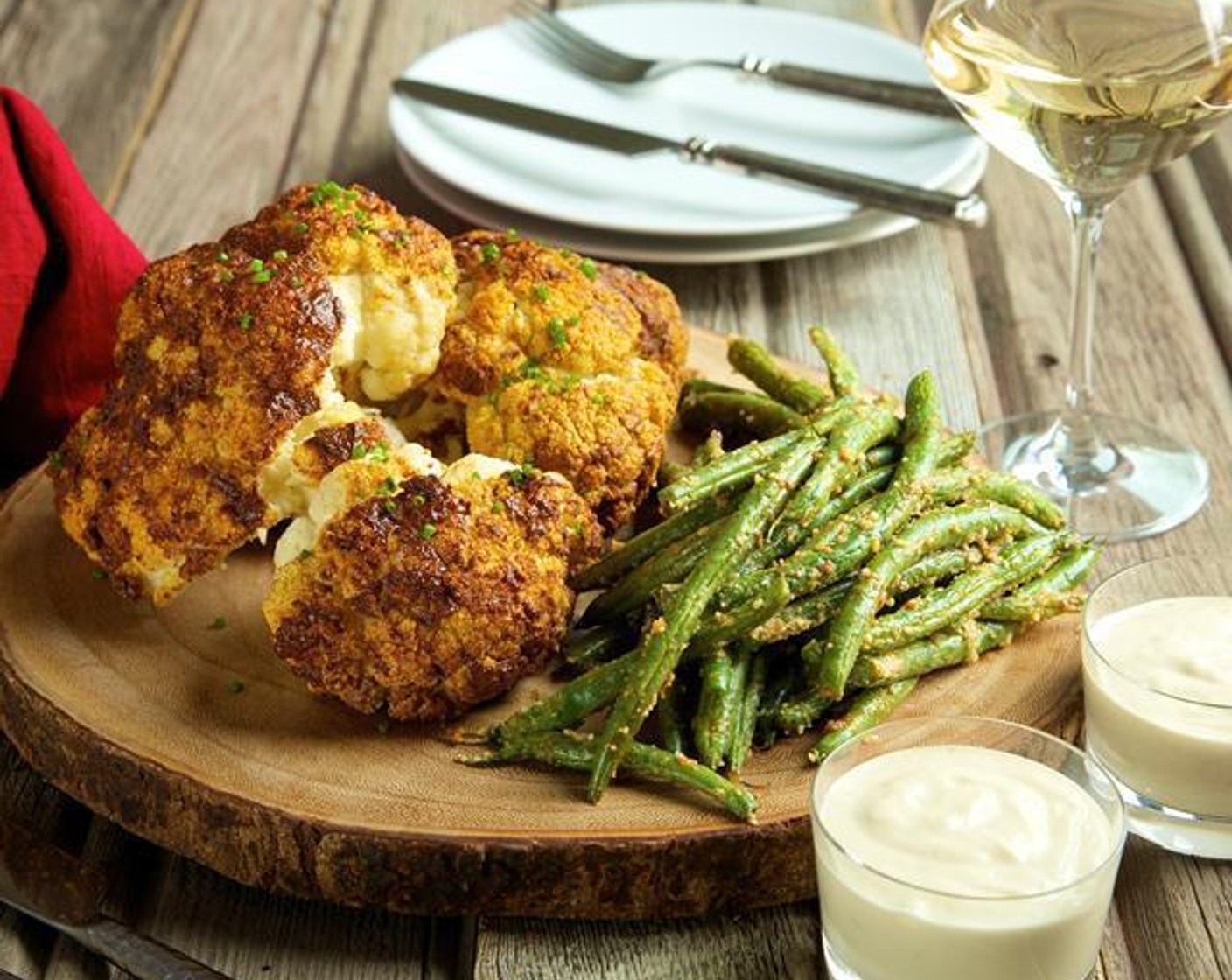 Roasted Cauliflower with Parmesan Green Beans