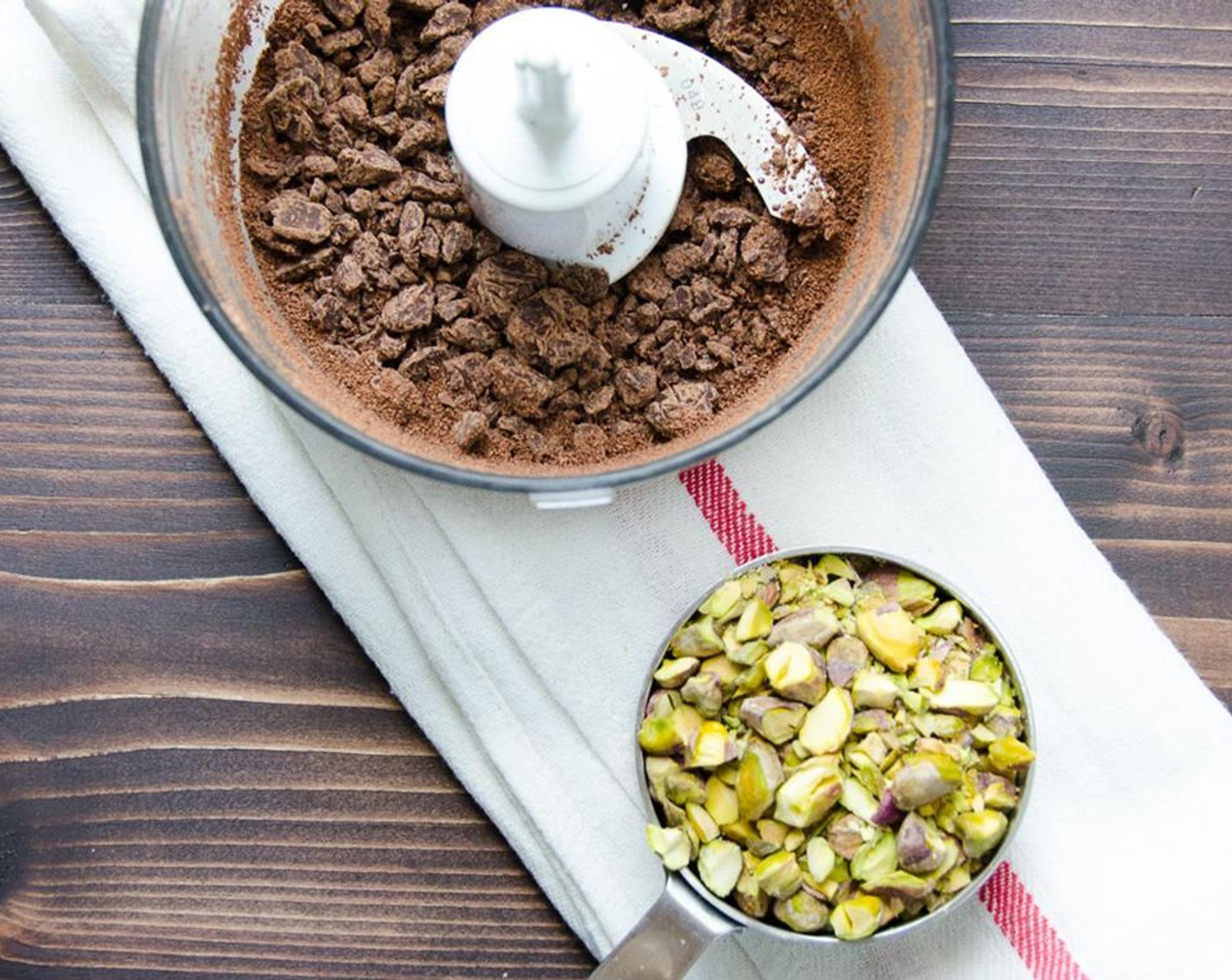 step 7 Roughly chop the Pistachios (1/2 cup), and finely chop the Chocolate Chips (1/2 cup) or buzz through a mini food processor.