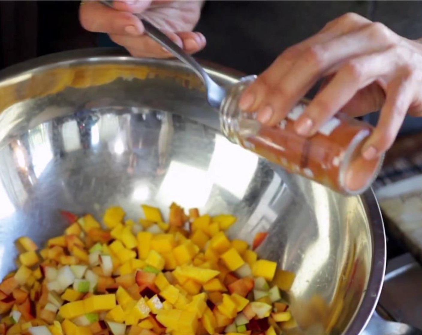 step 3 Dice Plum (1 cup), Pineapple (1 cup), Mango (1 cup), and Peach (1 cup) and add to a large mixing bowl. Add Cayenne Pepper (1 tsp), Whole Coriander Seeds (1 tsp) and Simply Organic Cinnamon, Ground (1 tsp)