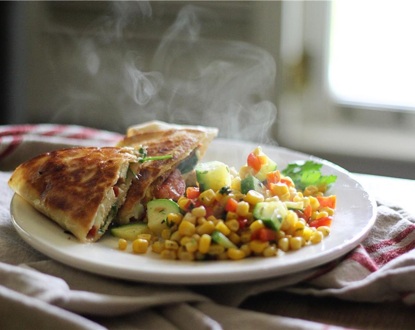 step 7 Serve sweet corn stir fry immediately with paprika chicken quesadillas. Enjoy!