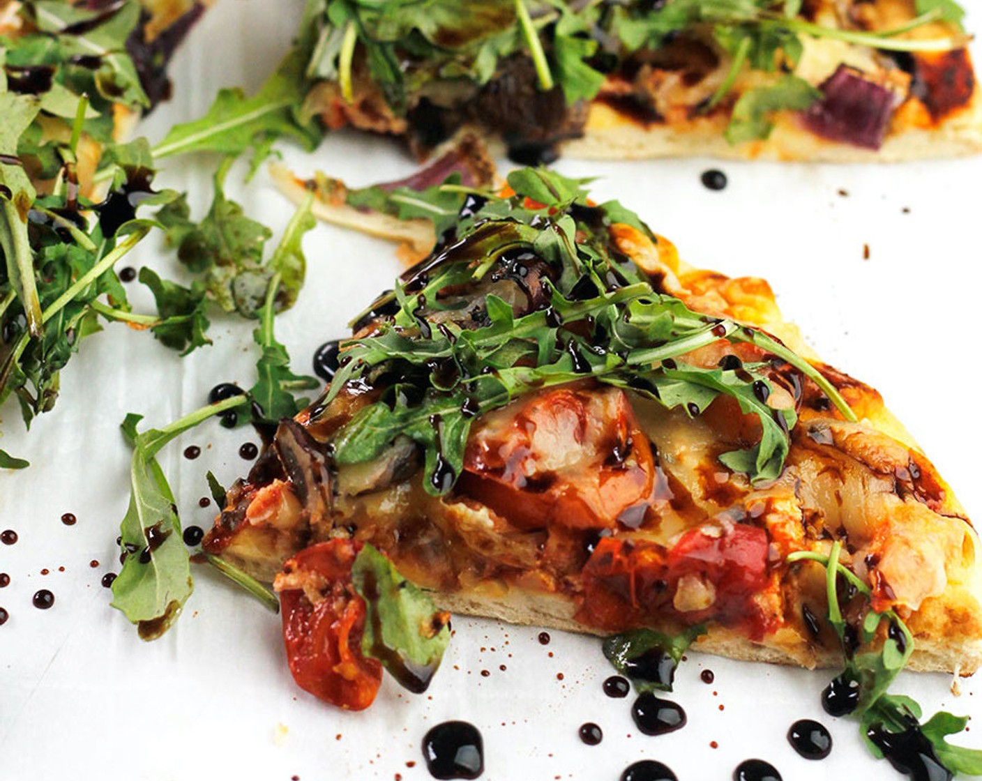 Roasted Veggie Pizza with Arugula Greens and Balsamic Glaze