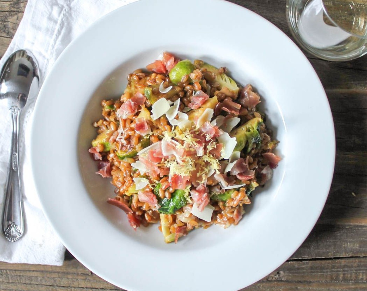 Farro Risotto with Prosciutto and Brussels Sprouts