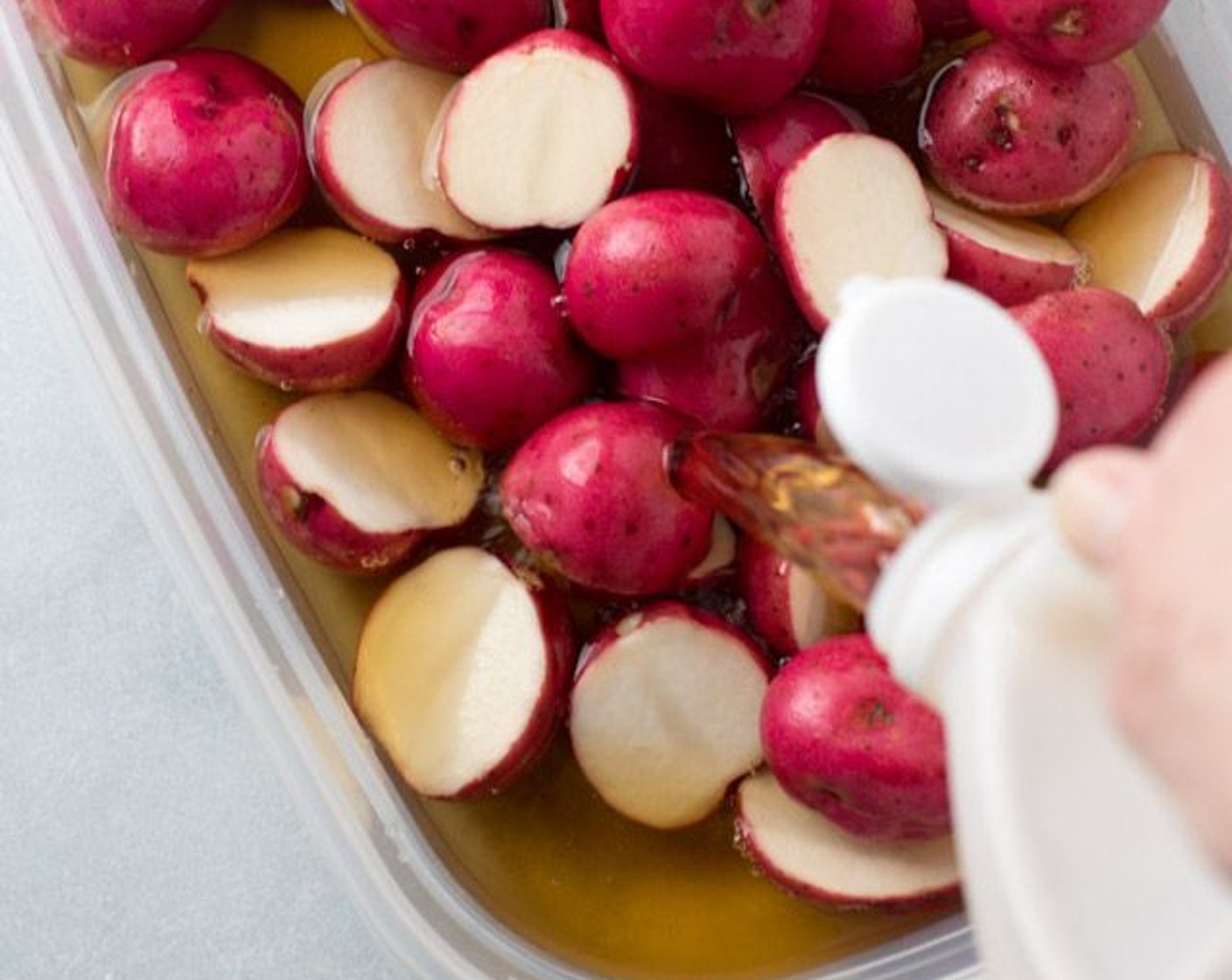 step 3 Place potatoes in a water-tight sealable container or bag. Pour in the Apple Cider Vinegar (4 cups) until the potatoes are fully covered. Place potatoes in your refrigerator for 8-10hrs. I like to place them in overnight and remove them in the morning.