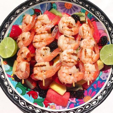 Grilled Shrimp Brochettes on Honey and Rum Macerated Fruits Recipe | SideChef