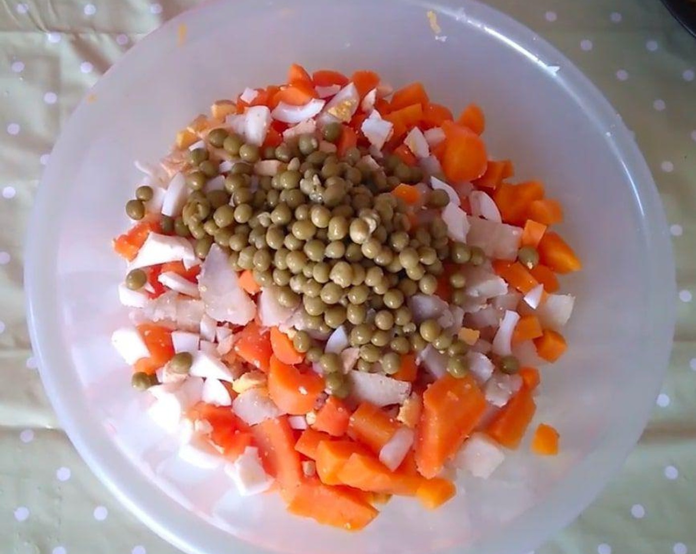 step 7 In a bowl mix together the potatoes, carrots, eggs, imitation crab, Mayonnaise (2 cups), Canned Tuna (1 can), and Green Peas (to taste).