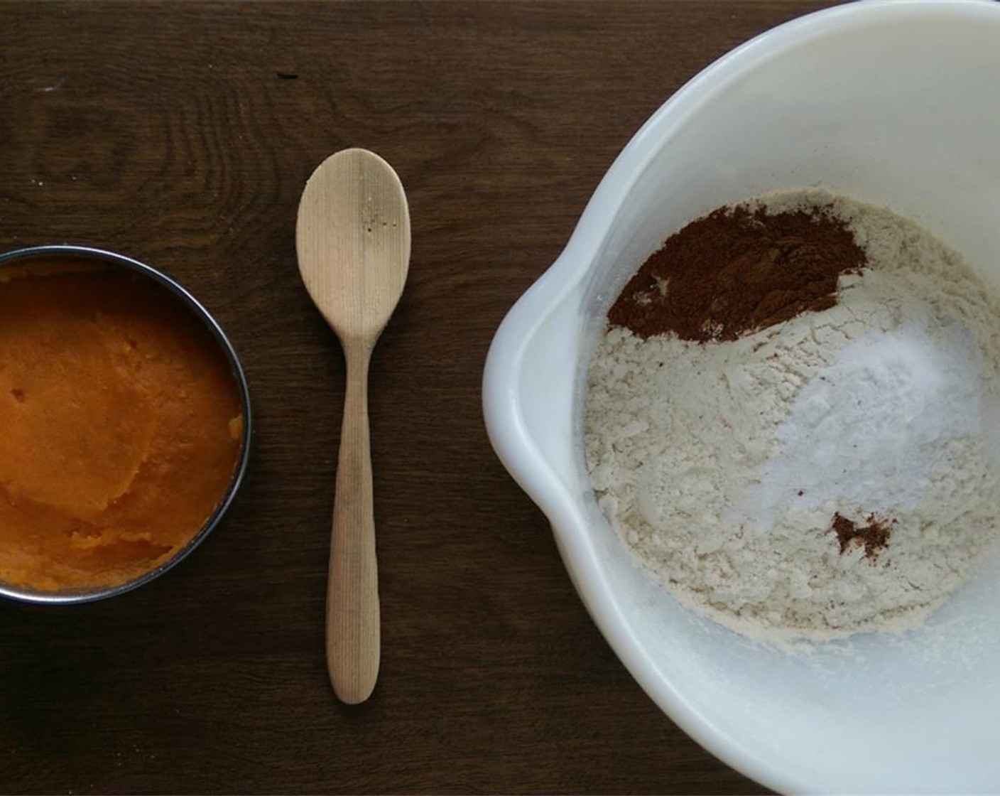 step 4 In a separate bowl, combine All-Purpose Flour (1 1/4 cups), Baking Powder (1 tsp), Salt (1/4 tsp), Simply Organic Cinnamon, Ground (1 tsp), and Ground Nutmeg (1 pinch). Mix to combine.