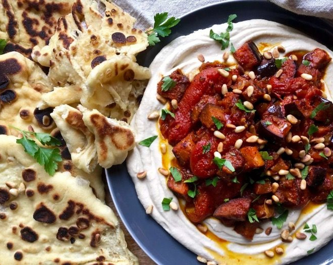 step 10 Just before serving, scatter with the Pine Nuts (4 Tbsp). Eat with hummus, naan or your favorite bread if you want!