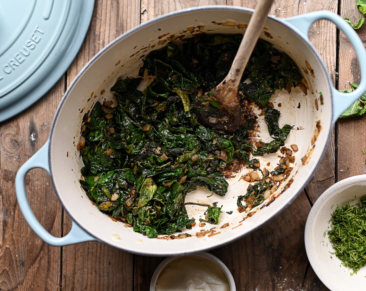 step 3 Add the Ground Nutmeg (1/2 Tbsp), Fresh Spinach (14 oz), and Kale (16 cups) and leave to wilt. Increase the heat to cook off any excess liquid from the kale and spinach.