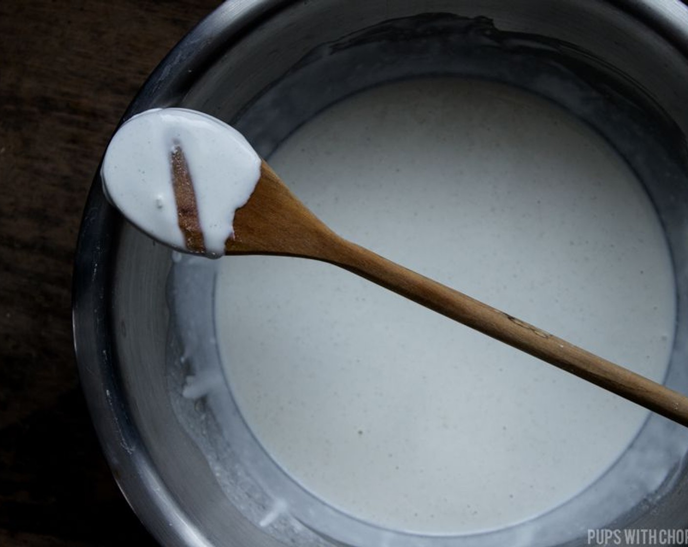 step 11 Mix everything together until there are no lumps. The texture should be like a light pancake batter. If the batter is too thick, add in 1 tablespoon of water at a time and mix until it is the right consistency. If the batter is too runny, add in 1 extra tablespoon of rice flour at a time and mix until it is the right consistency. To check the consistency of the batter, coat the back of a spoon with it and run your finger through it. The line you create should stay intact.