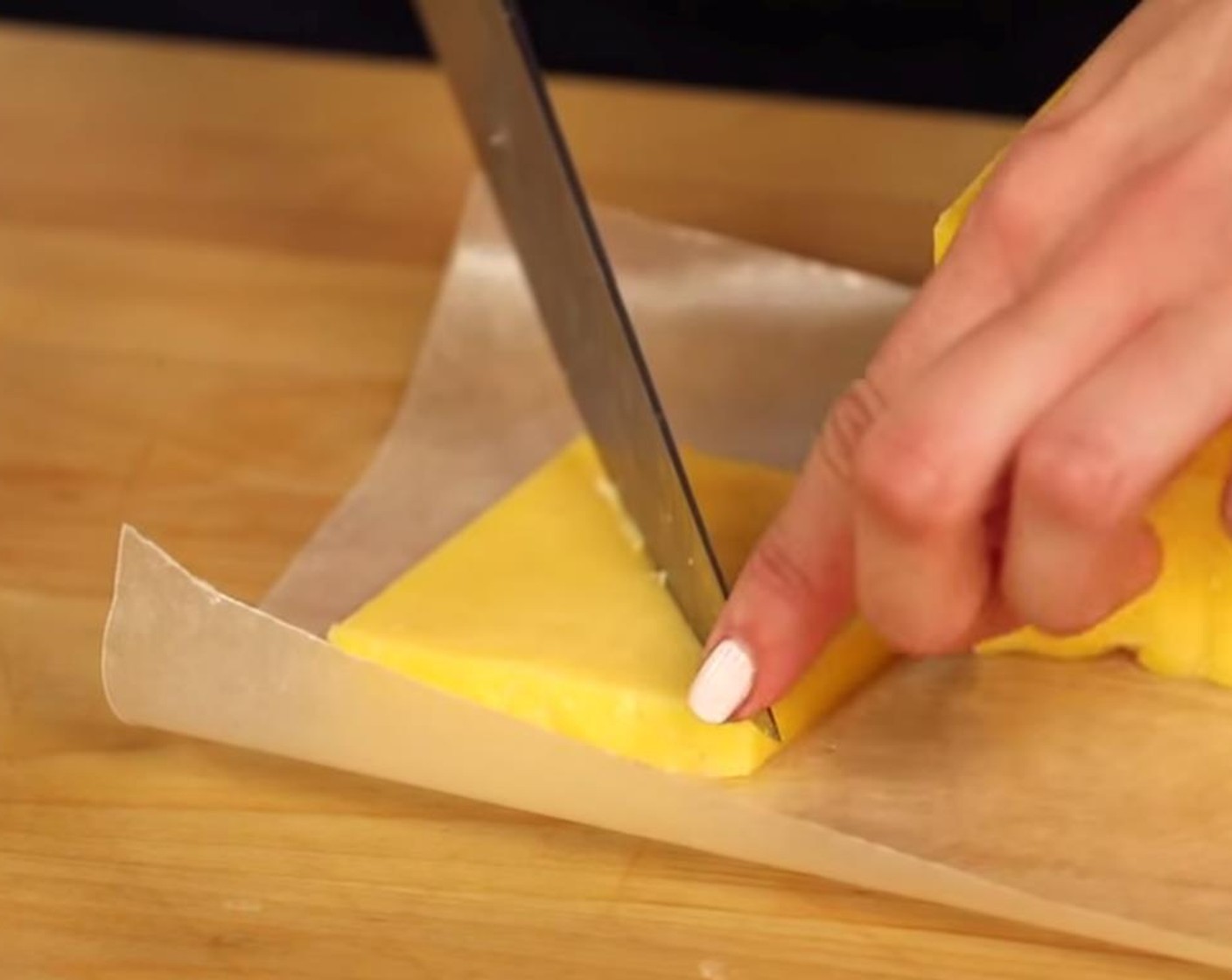 step 1 Slice the Medium Cheddar Cheese (8 cups) into 1/2-inch-thick squares, and then slice each square on the diagonal to make 2 triangles.