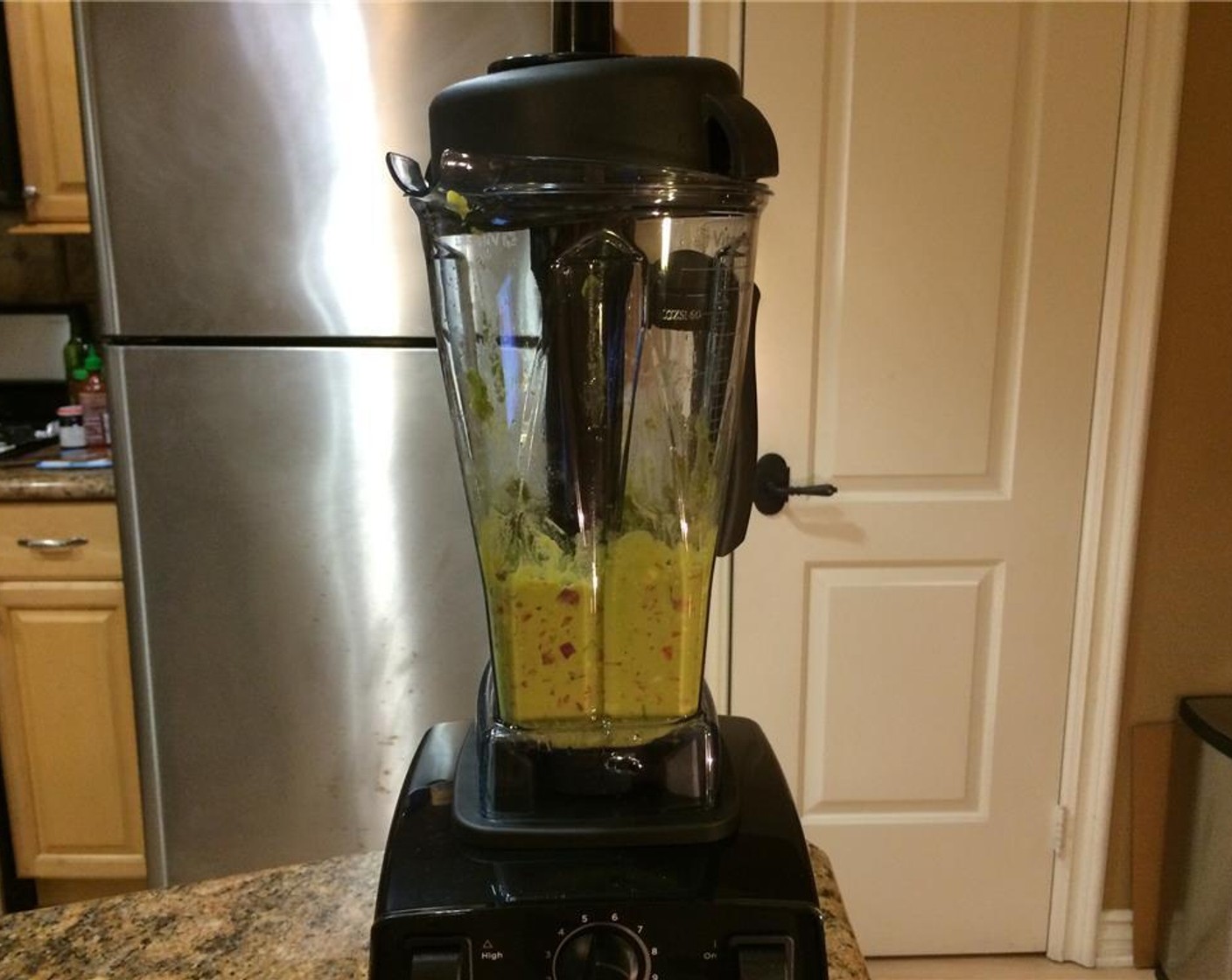 step 2 Add the vegetables to the Vitamix in this order: onions, bell peppers, tomatoes, and avocados. Add Salt (1 tsp) and juice from Lemon (1) and blend on variable speed 1 and slowly move to 3 for 15-20 seconds.