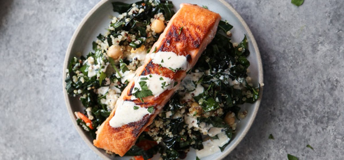 Salmon and Quinoa Bowl with Kale and Tahini Sauce Recipe | SideChef