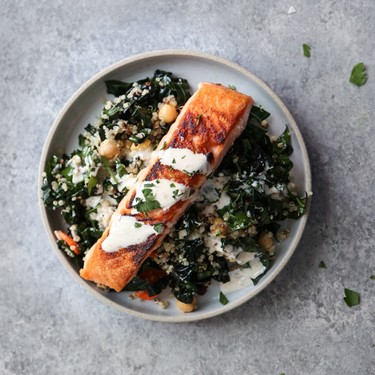 Salmon and Quinoa Bowl with Kale and Tahini Sauce Recipe | SideChef