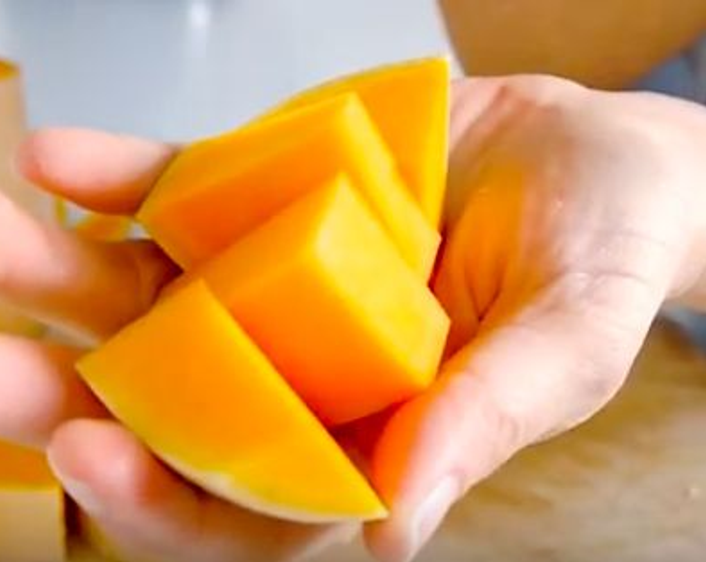 step 2 Scoop the seeds out from Butternut Squash (1) and chop it into large cubes. Keep the seeds and put them in a bowl of water.