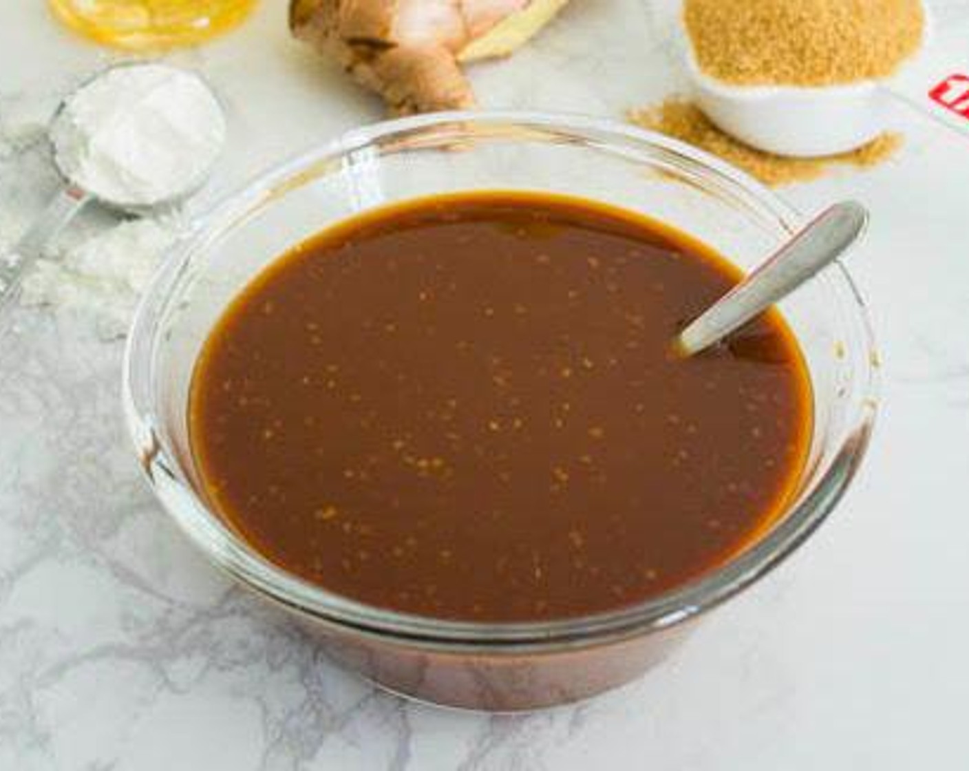 step 1 Prepare the sauce by combining Water (1 cup), Soy Sauce (1/2 cup), Mirin (2 Tbsp), Honey (1/2 Tbsp), Brown Sugar (1/4 cup), Fresh Ginger (1/2 tsp), and Corn Starch (2 Tbsp). Stir well to break up any corn starch lumps.
