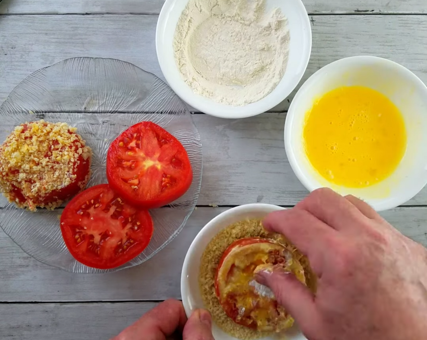 step 1 Thickly slice the Vine-Ripened Tomatoes (2), at least 1-inch thick, dredge them in All-Purpose Flour (as needed), and then into an Egg (1) wash. Coat them with Panko Breadcrumbs (as needed).
