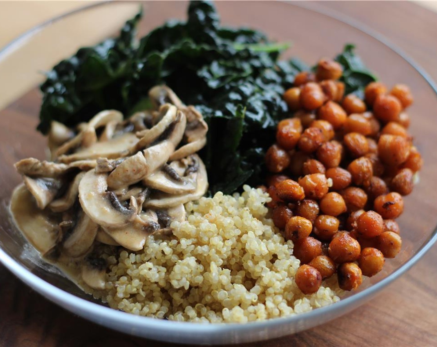 step 5 Layer the bowl from the bottom up with Quinoa (1/2 cup), marinated shredded kale, marinated mushroom, and top with the Canned Chickpeas (1 cup). Enjoy!