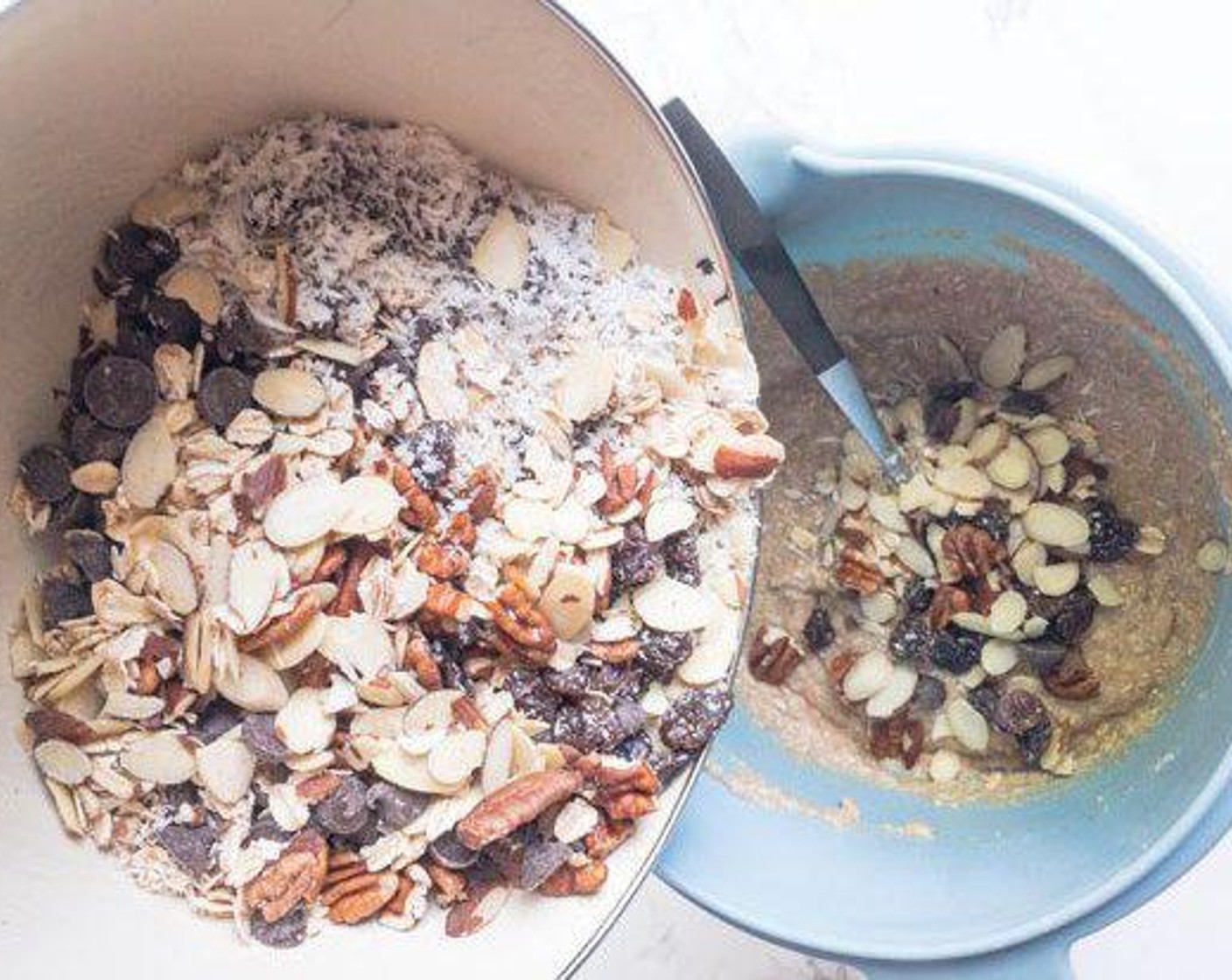 step 4 Add favorite mix-ins, such as Vegan Chocolate Chips (2/3 cup), Slivered Almonds (1/3 cup), Chopped Pecans (1/3 cup), Raisins (1/3 cup), or Unsweetened Shredded Coconut (1/4 cup) to dry ingredients and mix well. Pour dry ingredients into wet ingredients and stir well.