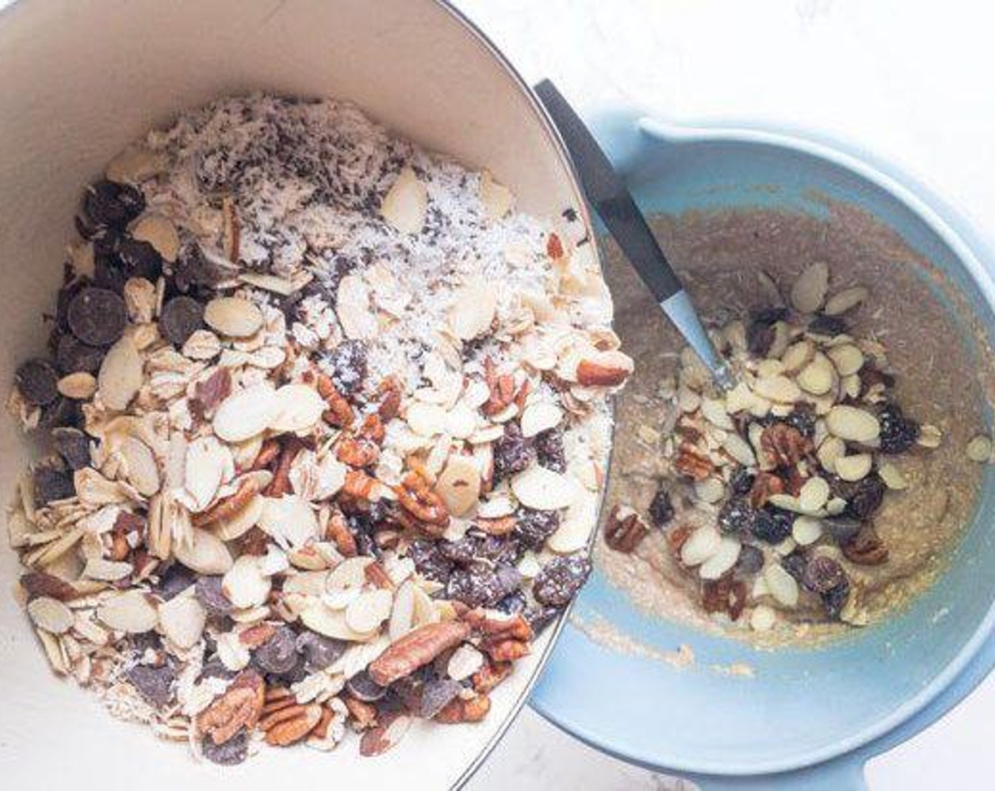 step 4 Add favorite mix-ins, such as Vegan Chocolate Chips (2/3 cup), Slivered Almonds (1/3 cup), Chopped Pecans (1/3 cup), Sun-Maid Raisins (1/3 cup), or Unsweetened Shredded Coconut (4 Tbsp) to dry ingredients and mix well. Pour dry ingredients into wet ingredients and stir well.