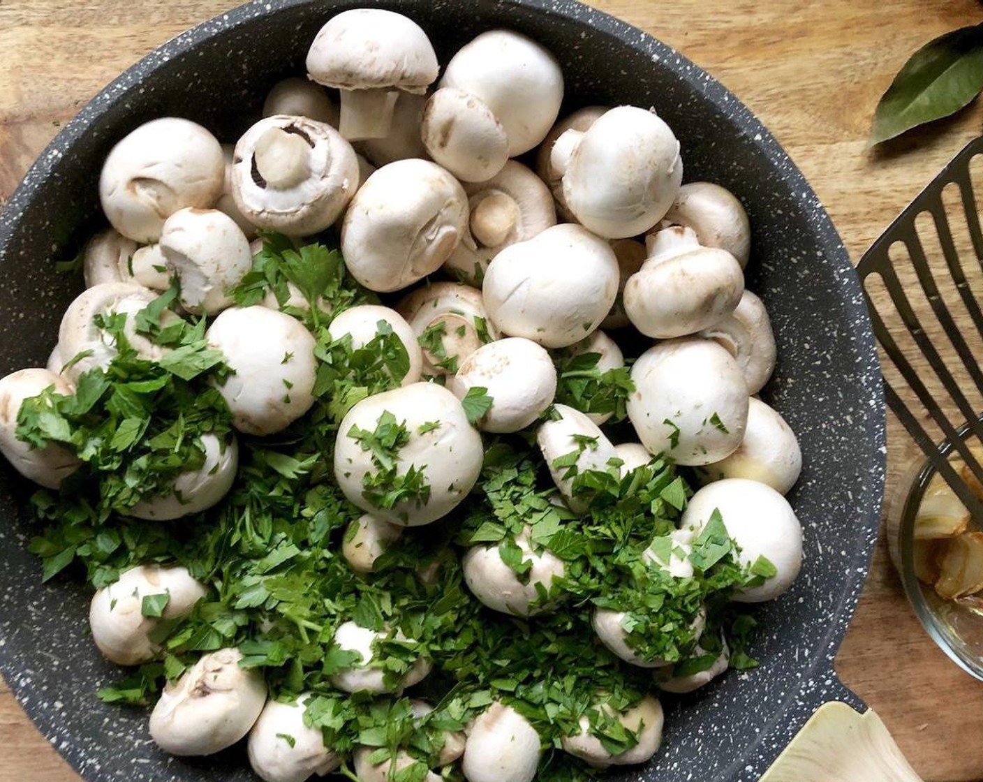 step 2 Increase heat to medium-high.  Add the Mushrooms (9 cups) and Fresh Parsley (1/2 cup). Sauté until the mushrooms turn a golden color for about 8 to 10 minutes.