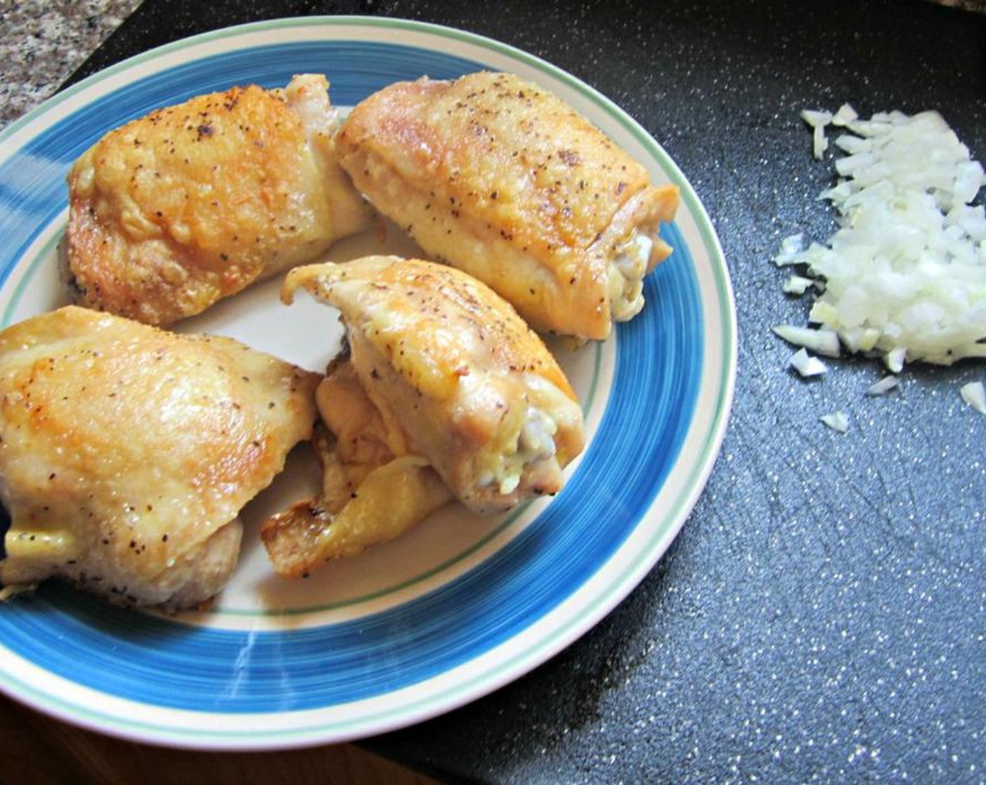 step 4 Once cooked through, remove the thighs from the pan and place on a plate in the freezer so that they can cool quickly. Don't worry, you won't freeze them, but you'll want them plenty cool for when you remove the meat from the bones later.