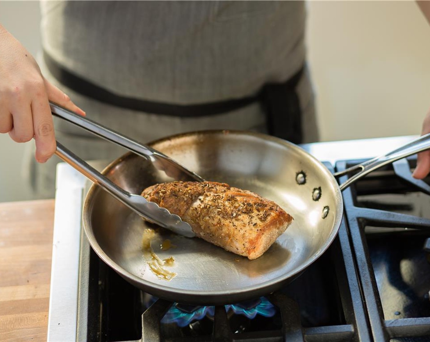 step 5 In a medium oven proof saute pan over medium heat, add Olive Oil (1 Tbsp). When hot, add pork and cook for five minutes until brown on all sides.