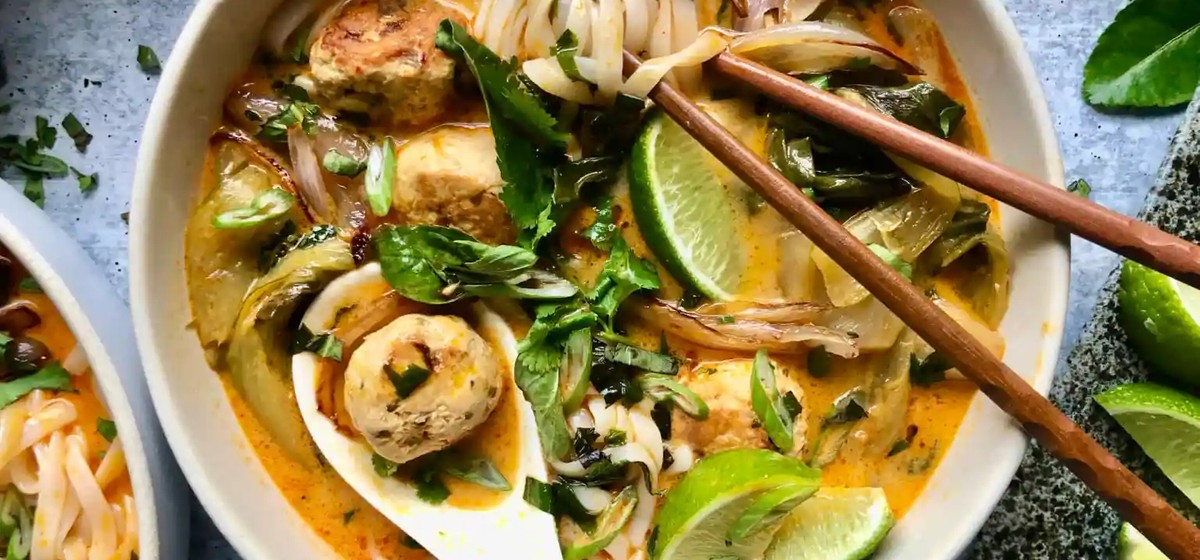 Thai Coconut Curry Noodle Soup with Chicken Meatballs Recipe | SideChef