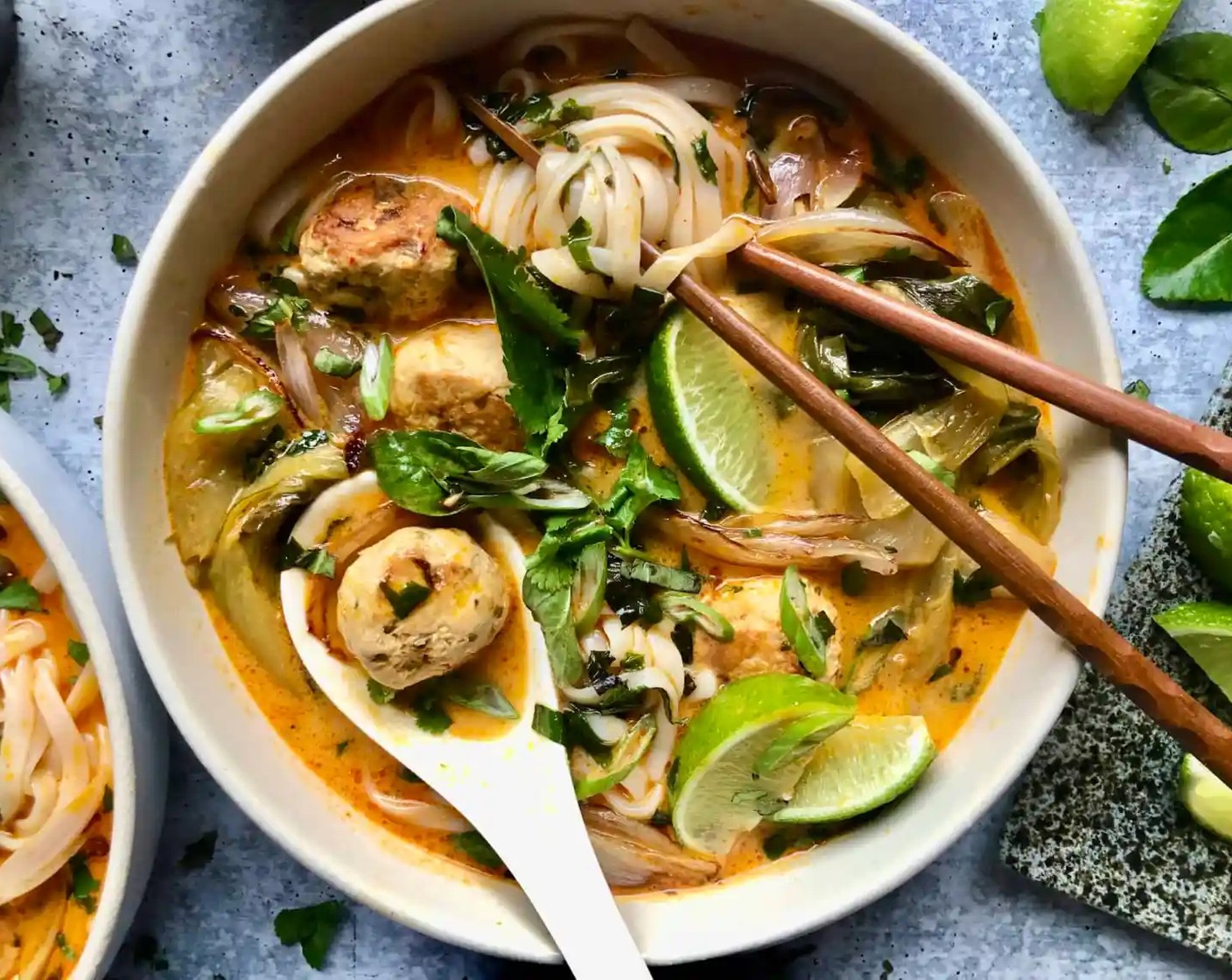 Thai Coconut Curry Noodle Soup with Chicken Meatballs