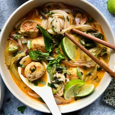 Thai Coconut Curry Noodle Soup with Chicken Meatballs Recipe | SideChef