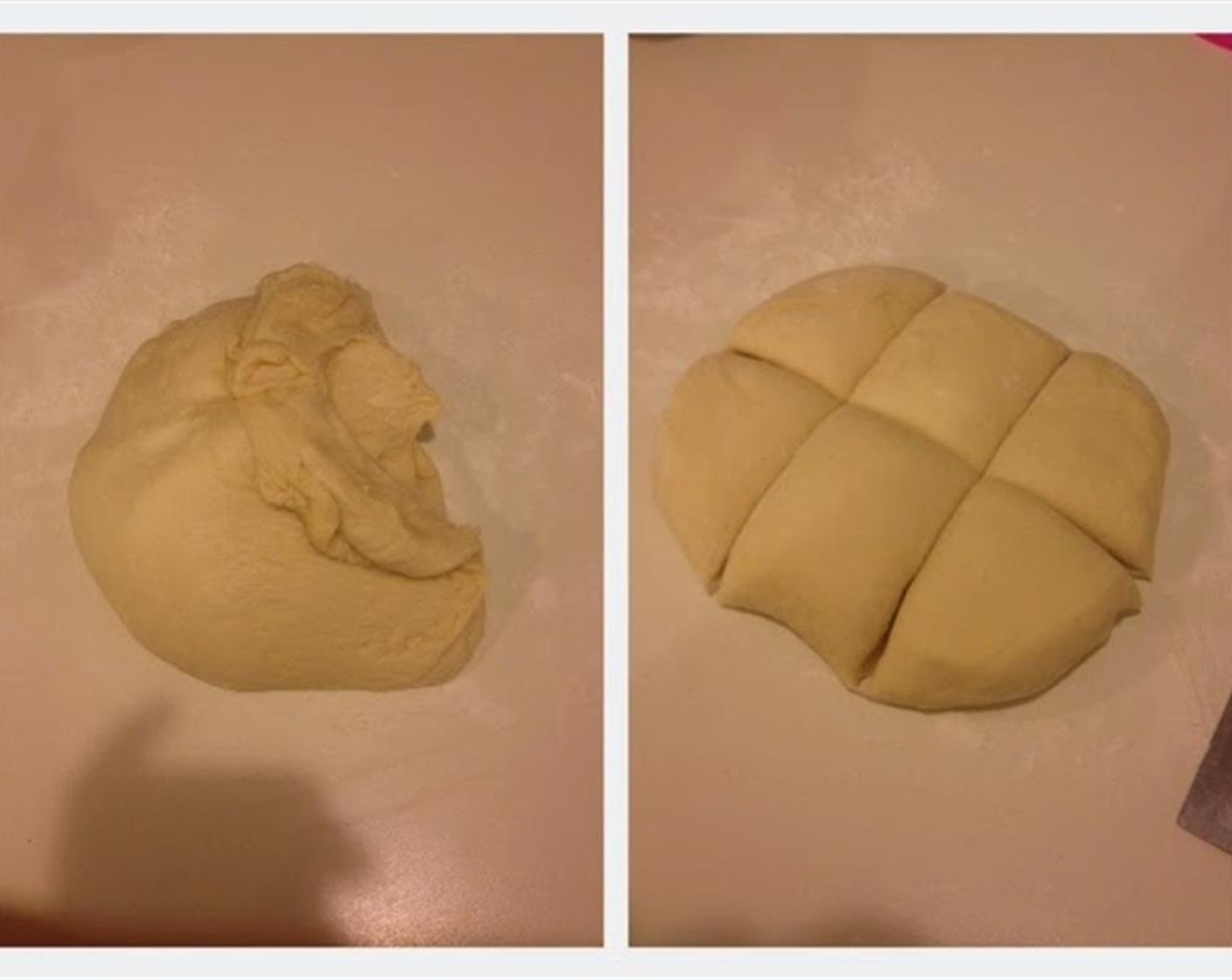 step 5 Transfer to a clean floured working surface. Gently deflate the dough and squeeze all the air out. Divide dough into 6 portions.