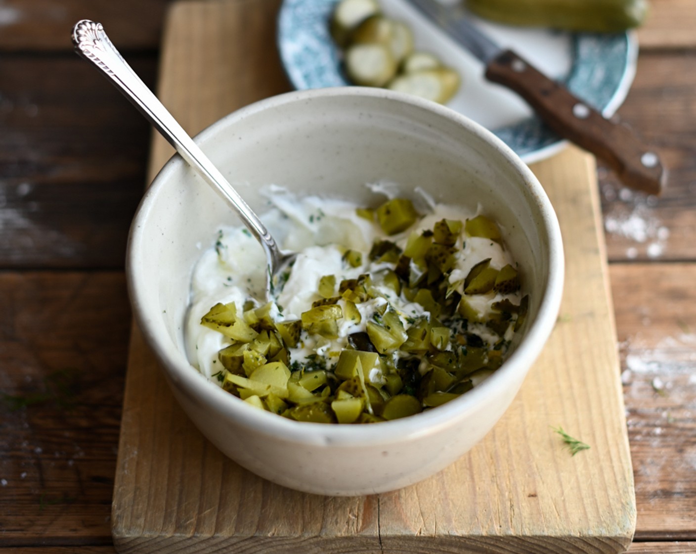 step 7 To make the dill yoghurt, combine the Fresh Dill (3 sprigs), Lemon (1/2), and Garlic (1 clove) with the Greek Yogurt (1 cup).
