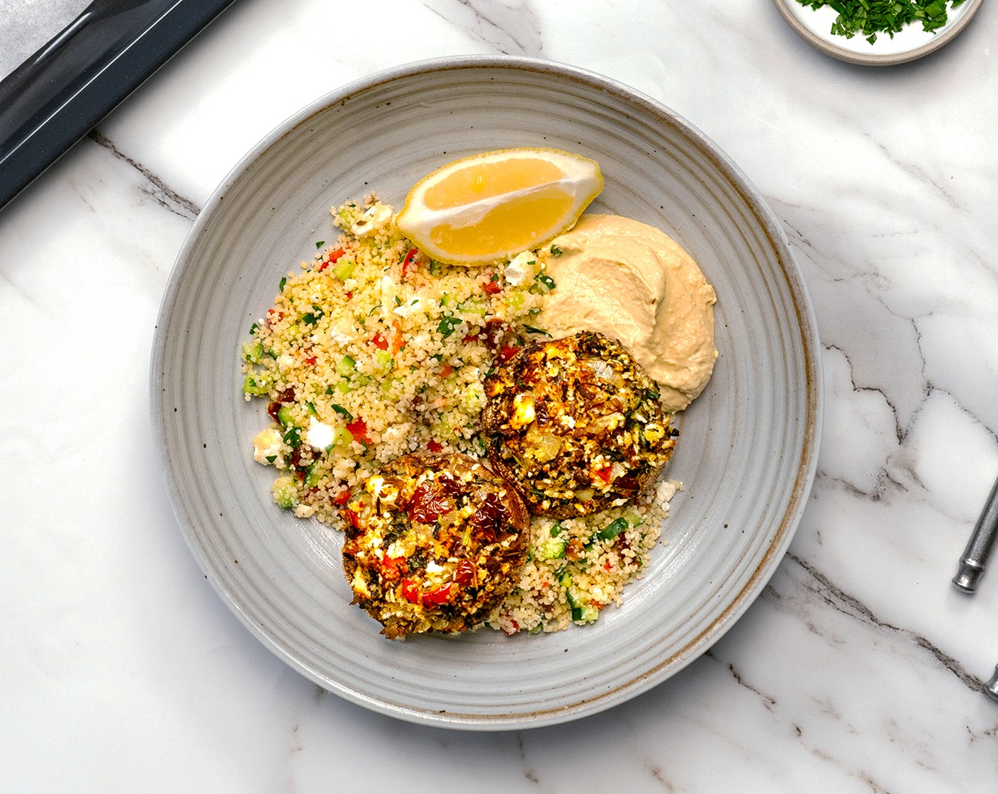 Mediterranean Stuffed Mushroom with Hummus & Couscous Salad