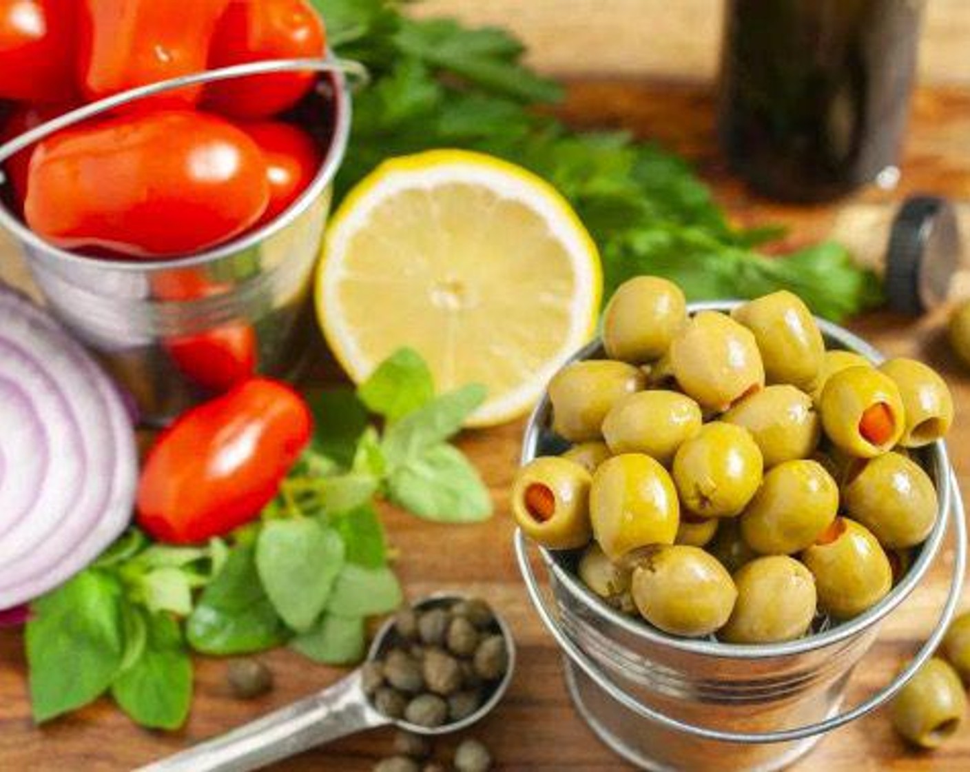 step 1 Combine Cherry Tomatoes (1 1/3 cups), Scallion (1/3 cup), Red Onions (2 Tbsp), Italian Flat-Leaf Parsley (1 Tbsp), Capers (1 Tbsp), Fresh Oregano (2 tsp), Olive Oil (1 Tbsp), Lemon Juice (to taste), Salt (to taste) and Ground Black Pepper (to taste) in a medium size bowl and stir to combine.
