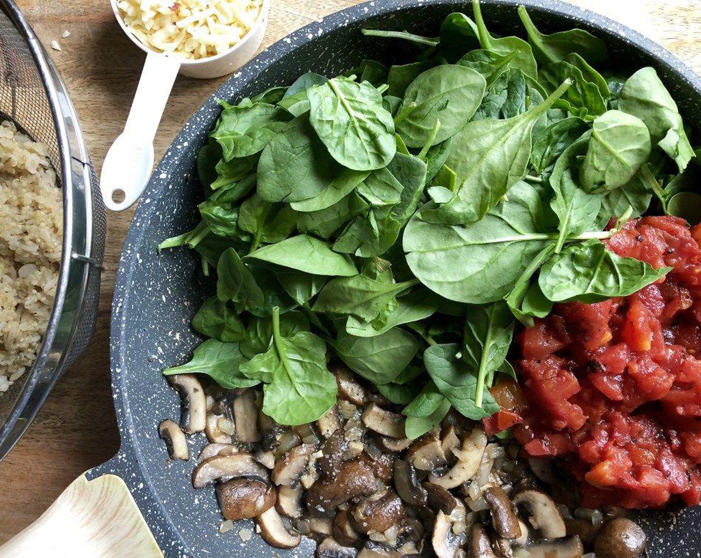 step 5 Add Mushrooms (2 cups), cook and stir for 4-5 minutes or until tender. Stir in Diced Tomatoes (1 can), Fresh Baby Spinach (4 cups), Salt (1/2 tsp), and Freshly Ground Black Pepper (1/4 tsp).