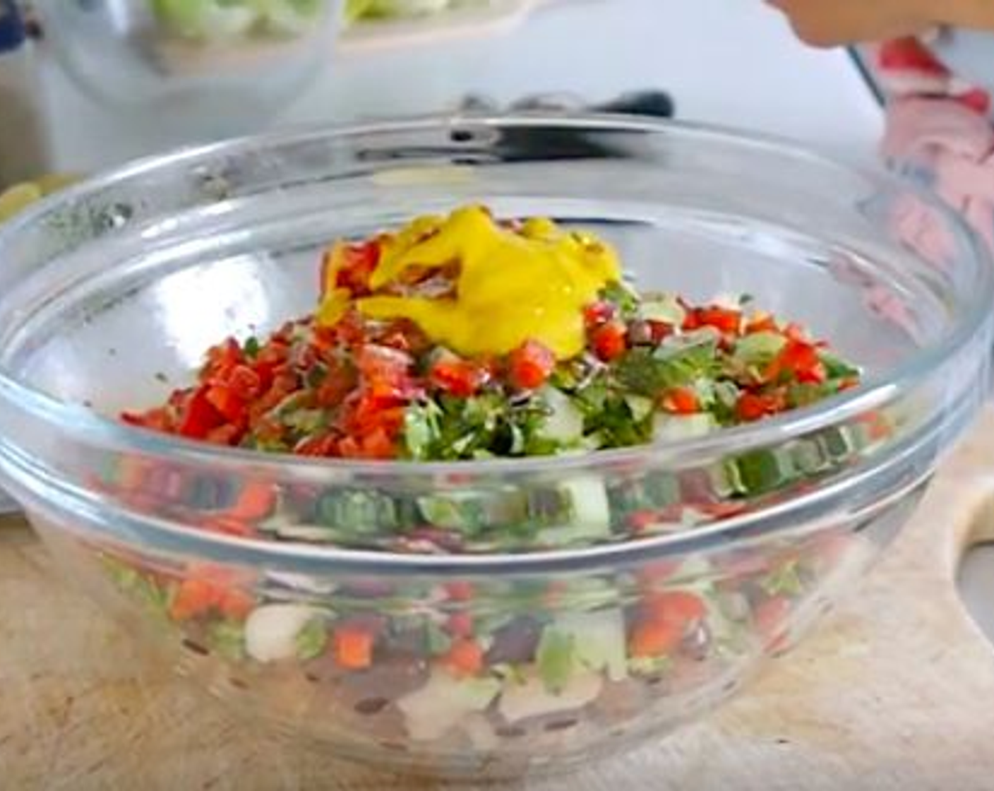 step 2 In a bowl, combine the Canned Cannellini White Kidney Beans (1 1/4 cups), Canned Red Kidney Beans (1 1/3 cups), Canned Pinto Beans (1 1/3 cups), Fresh Cilantro (1/4 cup), Yellow Mustard (2 Tbsp), Extra-Virgin Olive Oil (1/3 cup), Red Chili Pepper (1/2), Cayenne Pepper (1 tsp), Salt (to taste) and Ground Black Pepper (to taste).