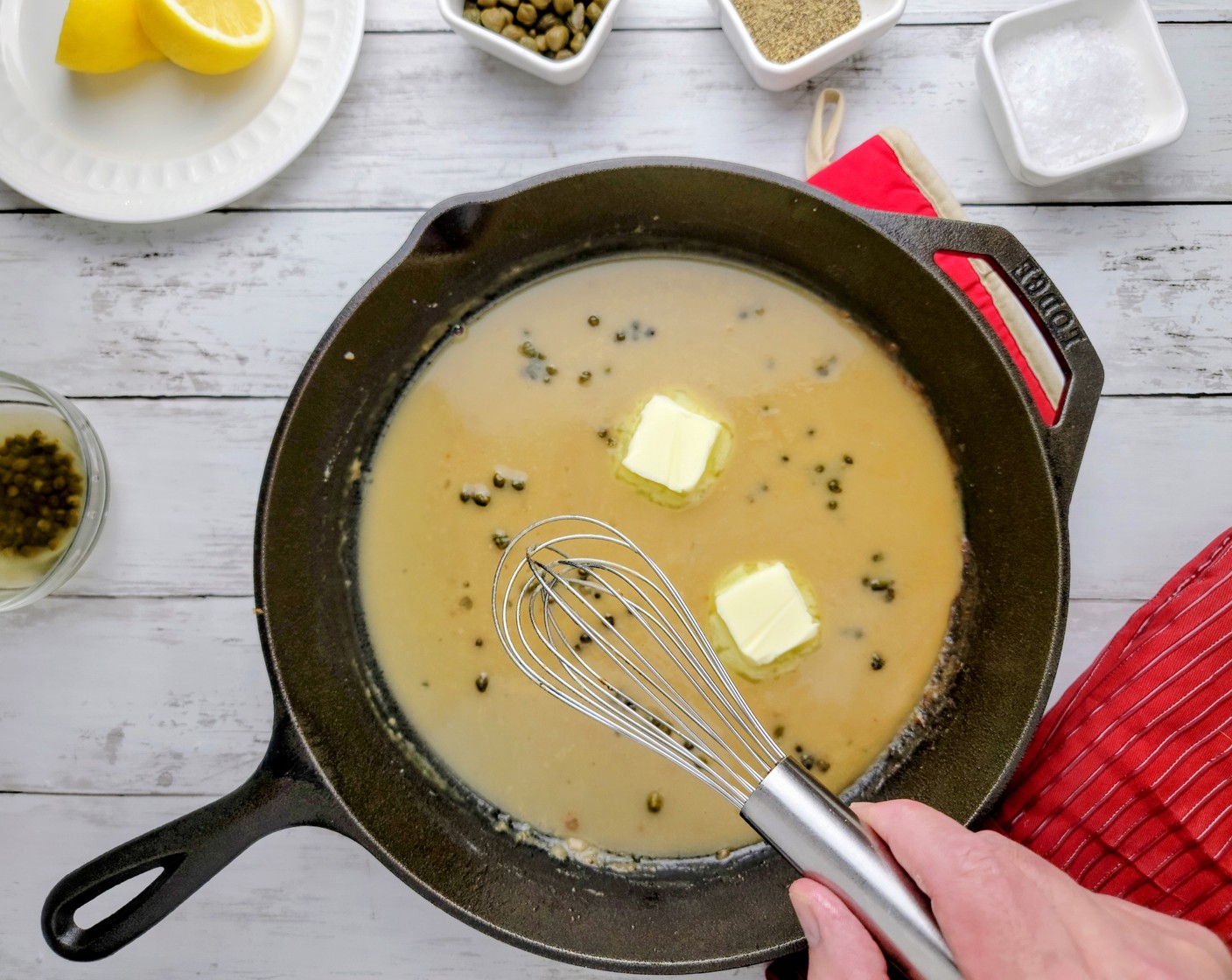 step 8 To the pan, add 1 Tbsp of Butter (1 Tbsp), Simply Organic Garlic Powder (1 tsp), and All-Purpose Flour (1 Tbsp). Whisk the flour into the melted butter and cook for 2 minutes.