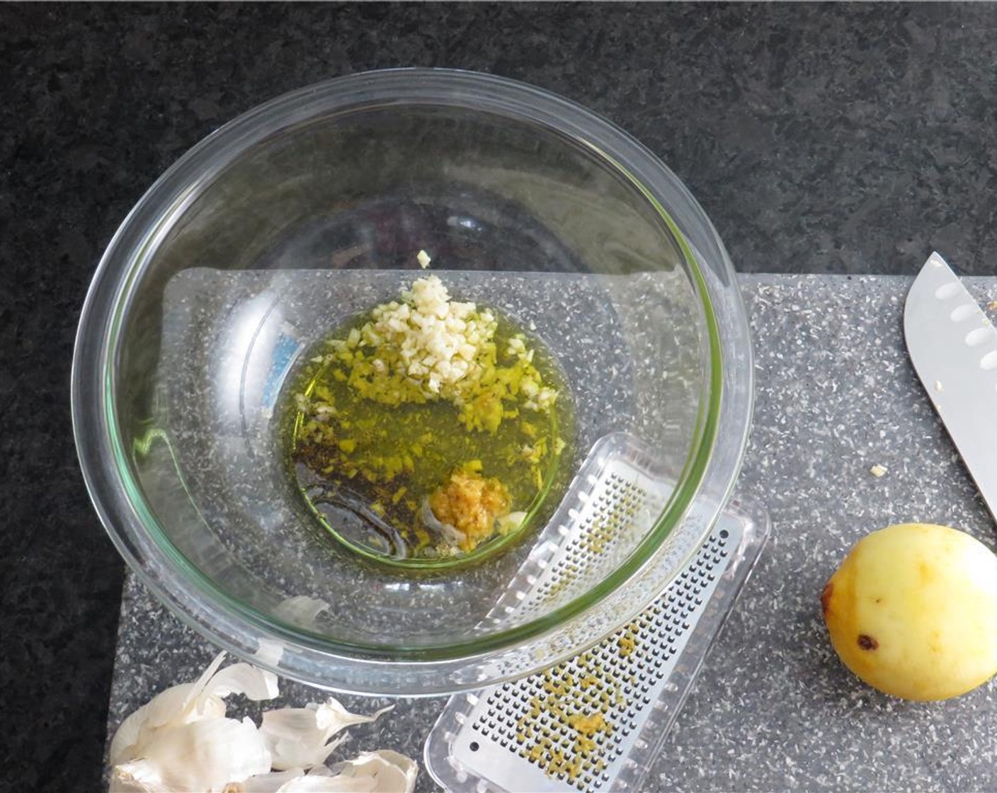 step 3 Chop the Fresh Cilantro (1/2 cup). In a small bowl, combine minced garlic cloves, zest and juice from Lemon (1) Ground Black Pepper (to taste) and Olive Oil (4 Tbsp). Whisk to combine.