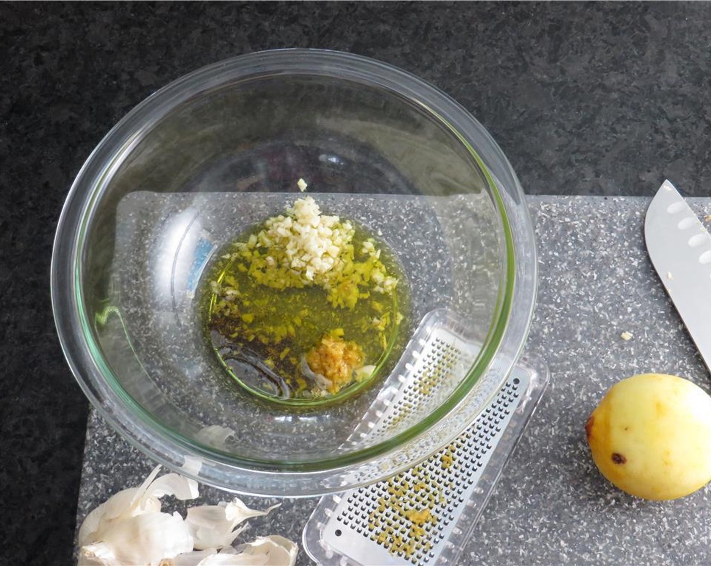 step 3 Chop the Fresh Cilantro (1/2 cup). In a small bowl, combine minced garlic cloves, zest and juice from Lemon (1) Ground Black Pepper (to taste) and Olive Oil (1/4 cup). Whisk to combine.