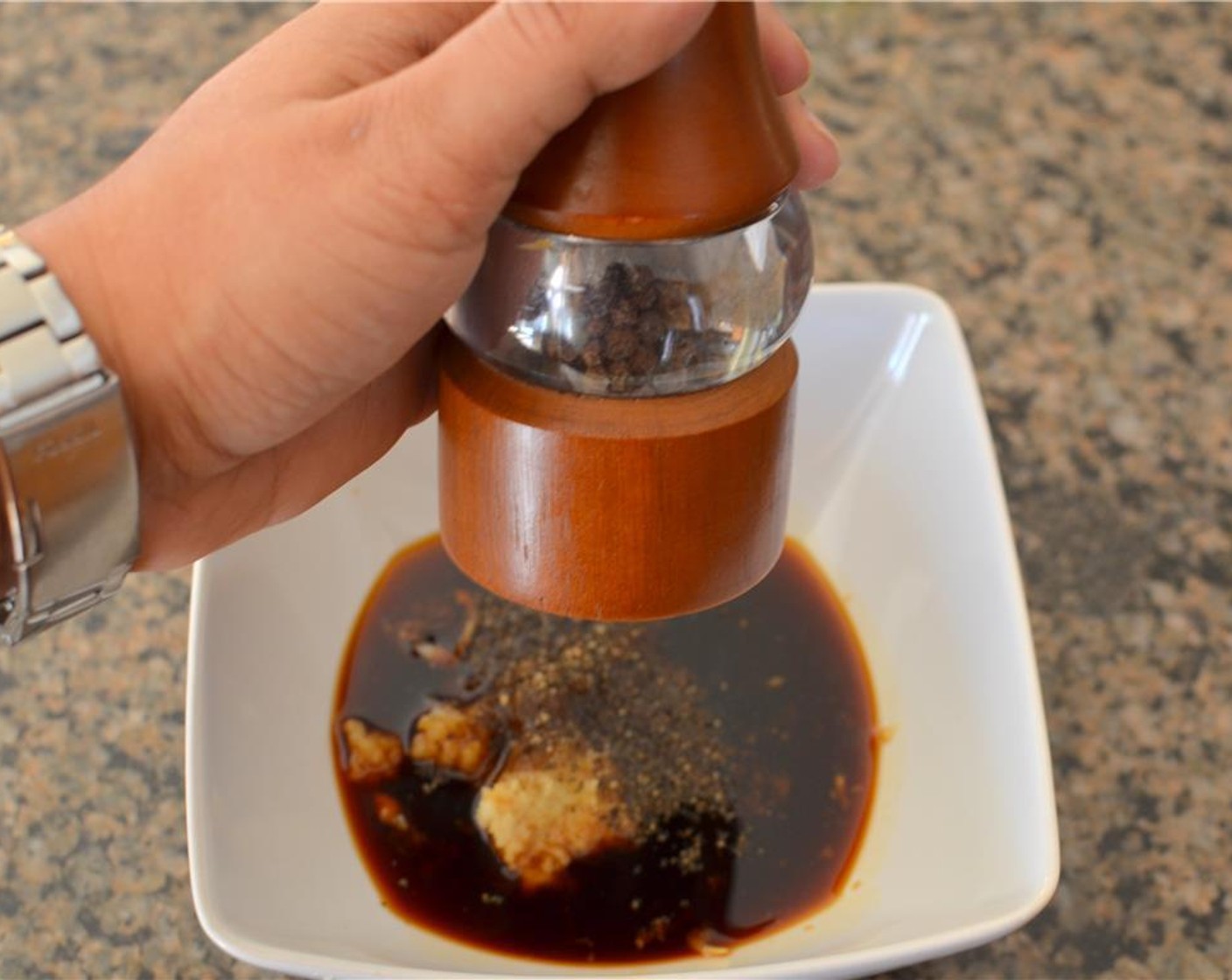 step 2 Add Soy Sauce (1/4 cup), Brown Sugar (1 Tbsp) and Ground Black Pepper (1 tsp) to the bowl and stir it all together well. Set the sauce mixture aside.