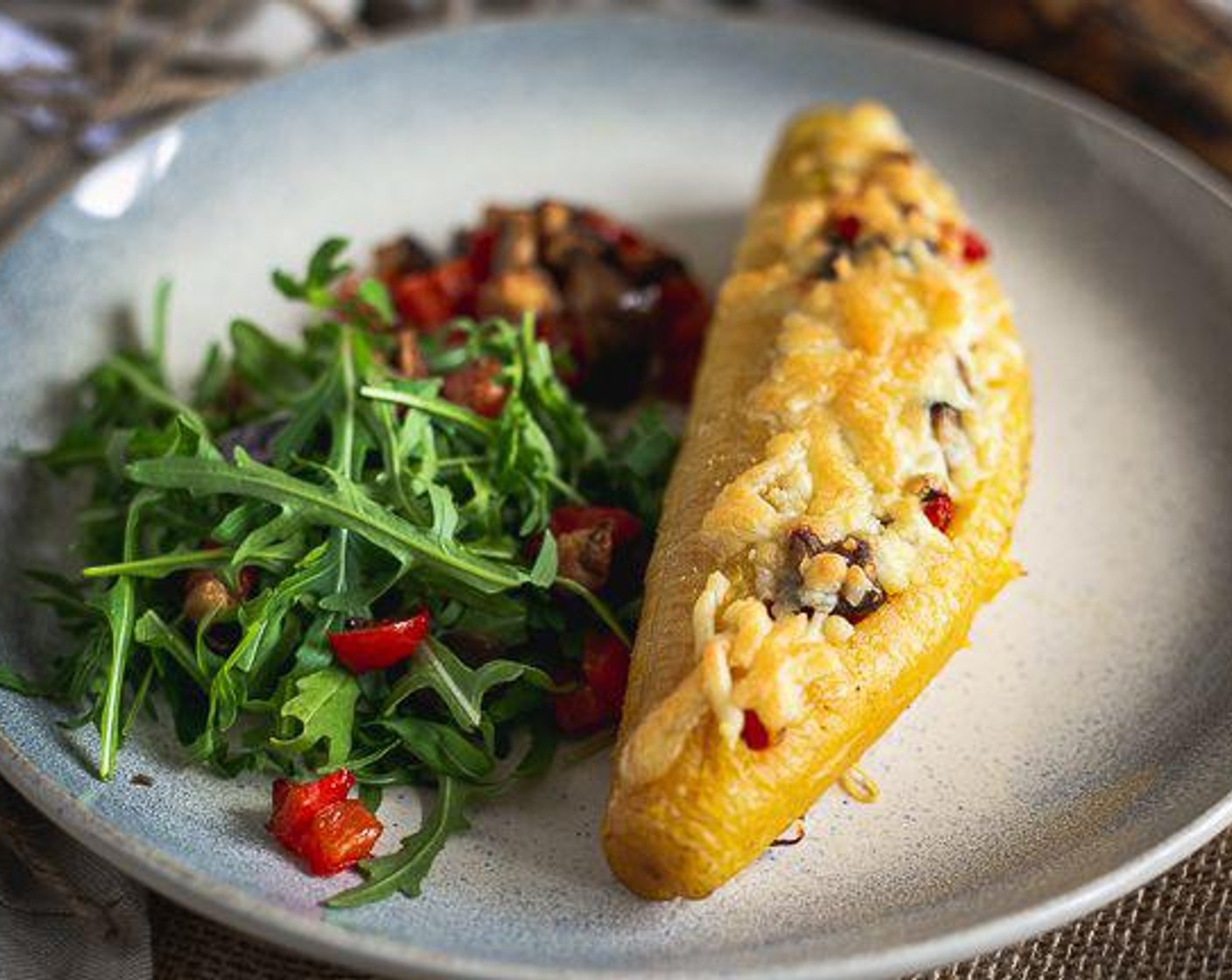 Plantain Boats with Grilled Vegetables and Melted Cheese