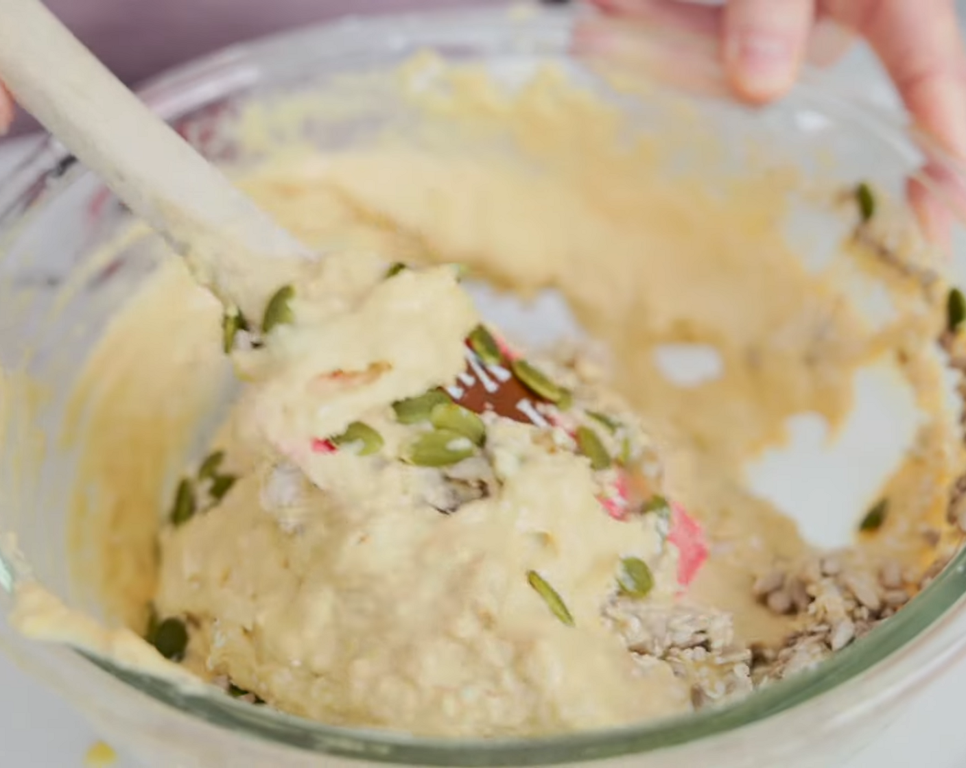 step 4 Pour wet ingredients into dry ingredients and mix. Add Pepitas (4 Tbsp), Sunflower Seeds (4 Tbsp), and Sesame Seeds (2 Tbsp) and fold into batter. Let the batter settle for a few minutes so coconut flour absorbs all the liquid.