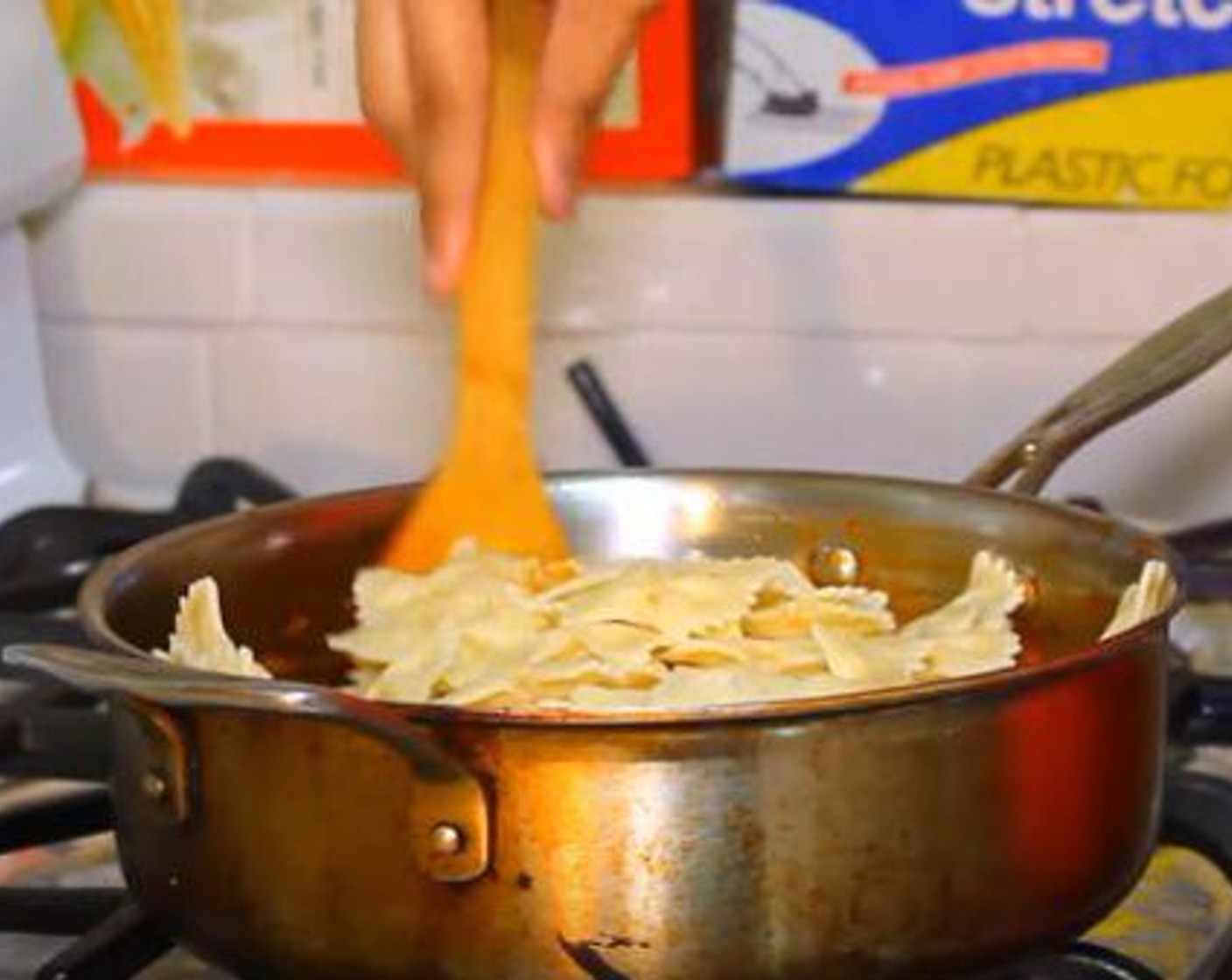 step 5 Add the pasta back into the sauce and stir. Add the Parmesan Cheese (1/4 cup).