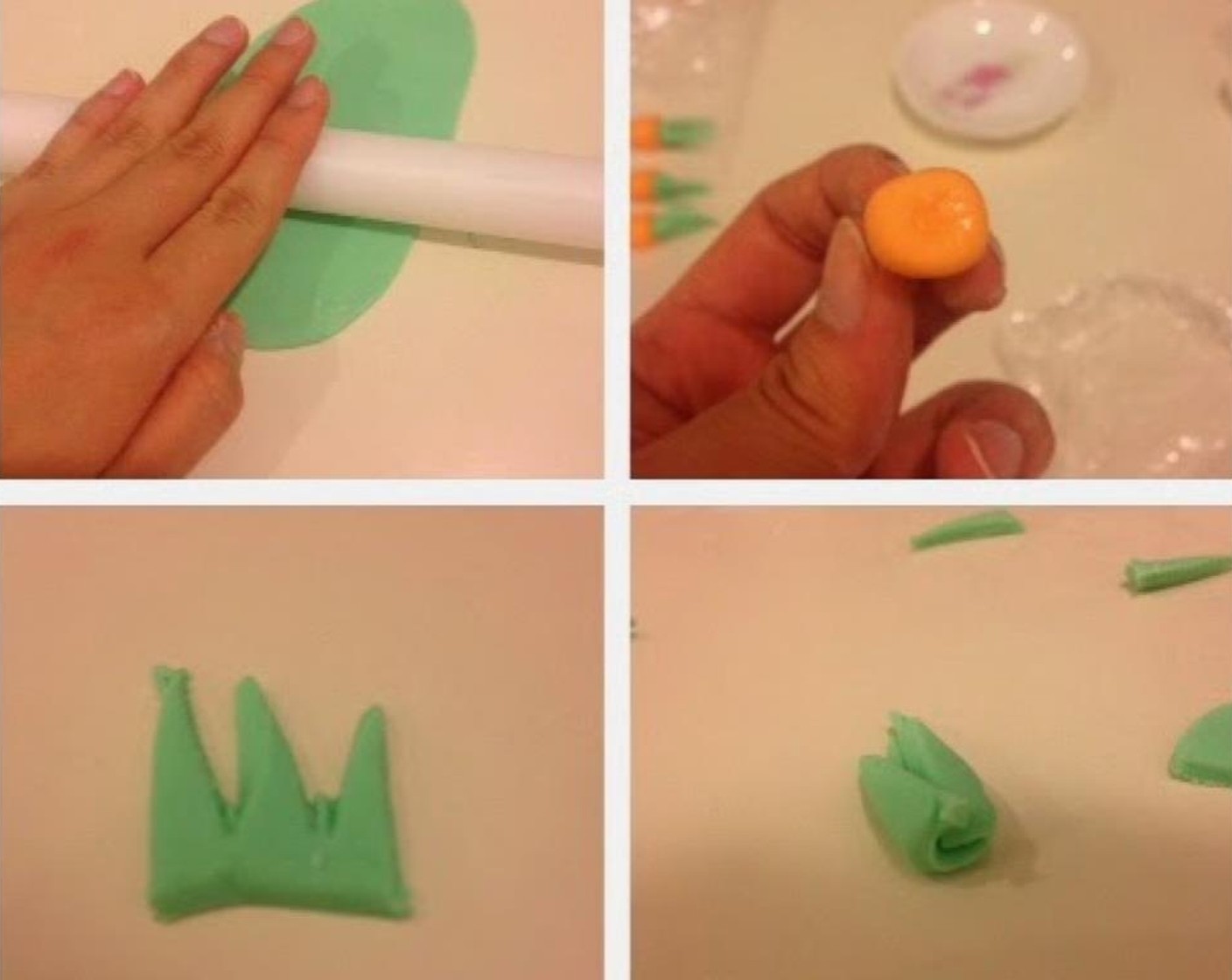 step 5 For the green fondant, use a rolling pin to flatten the fondant. Cut it into 2cm wide strips; trim each into a crown shape.